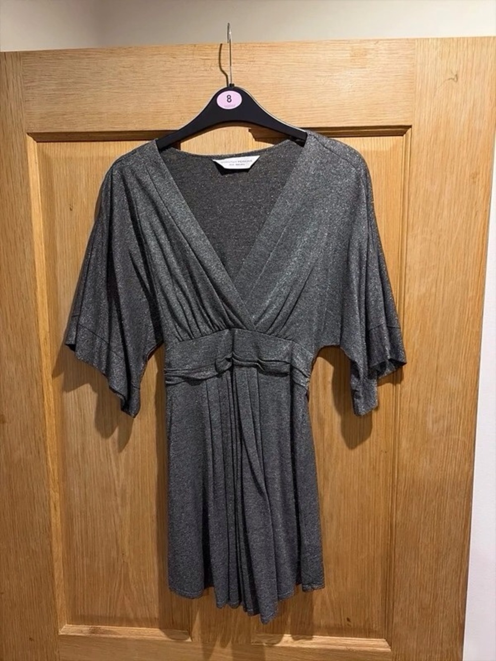 Shimmery Gray V-Neck Midi Dress with Flutter Sleeves